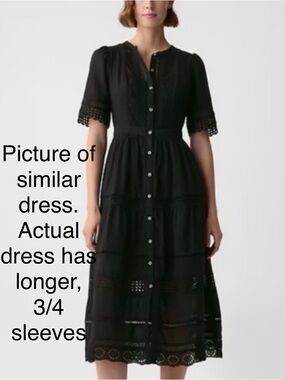 GAP Black Button-Front Midi cotton Dress with Lace eyelet Trim XS petite